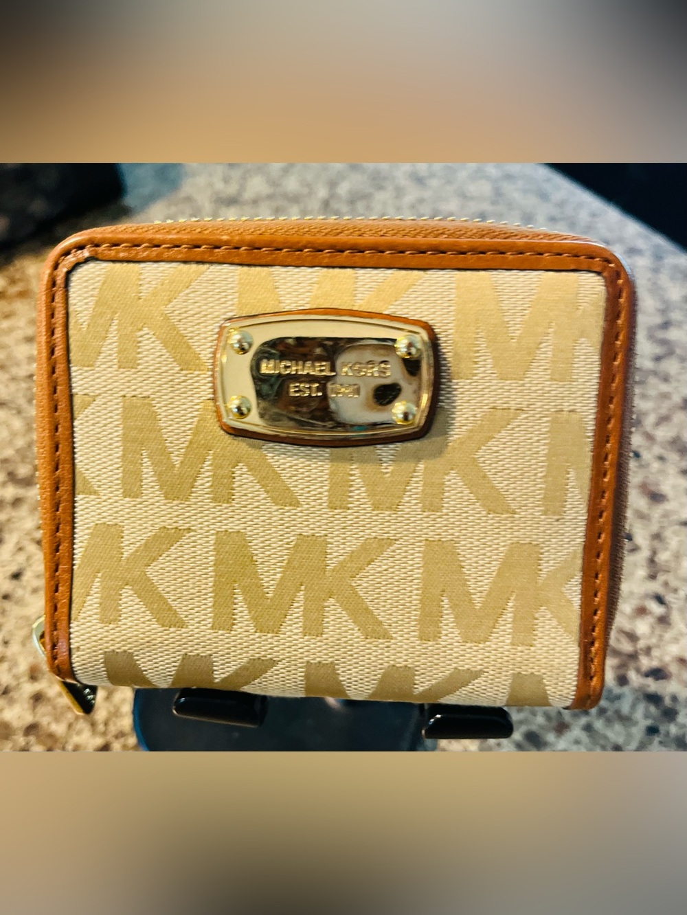 Michael Kors Cream and Tan MK Logo Wallet with Gold Plate